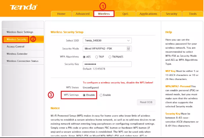 disable wps tenda
